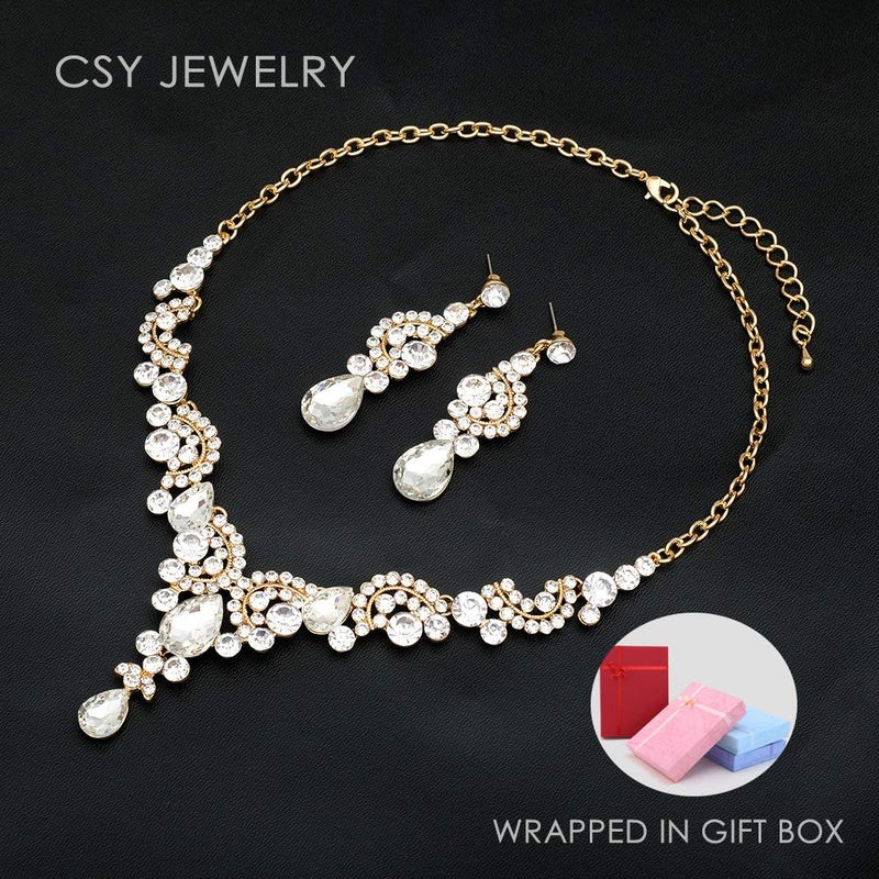 CSY 4 Pcs/Sets Elegant Crystal Necklace Earrings Bracelet Ring Bridal Wedding Costume Jewelry Sets for Brides Women Gifts (Gold Plated-White) - Image 3